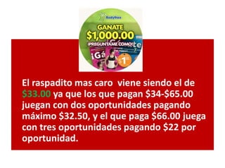 El raspadito mas caro viene siendo el de
$33.00 ya que los que pagan $34-$65.00
juegan con dos oportunidades pagando
máximo $32.50, y el que paga $66.00 juega
con tres oportunidades pagando $22 por
oportunidad.
 