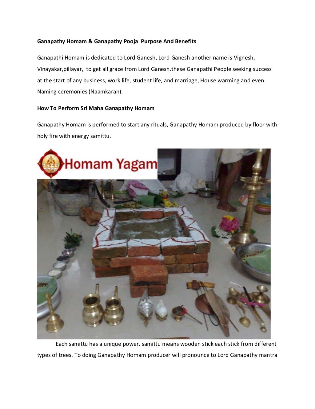 Ganapathy homam & ganapathy pooja purpose and benefits