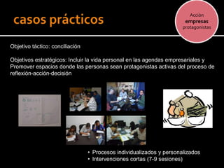 Acción
                                                                       empresas
                                                                      protagonistas


Objetivo táctico: conciliación

Objetivos estratégicos: Incluir la vida personal en las agendas empresariales y
Promover espacios donde las personas sean protagonistas activas del proceso de
reflexión-acción-decisión




                                 • Procesos individualizados y personalizados
                                 • Intervenciones cortas (7-9 sesiones)
 