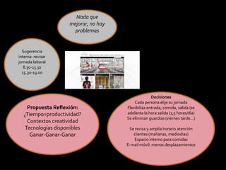 Nada que
                      mejorar, no hay
                        problemas


  Sugerencia
interna: revisar
jornada laboral
   8.30-13.30
  15.30-19.00




                                                      Decisiones
                                            Cada persona elije su jornada
     Propuesta Reflexión:               Flexibiliza entrada, comida, salida (se
   ¿Tiempo=productividad?               adelanta la hora salida (1,5 horas/día)
                                        Se eliminan guardias (viernes tarde…)
     Contextos creatividad
    Tecnologías disponibles              Se revisa y amplía horario atención
      Ganar-Ganar-Ganar                    clientes (mañanas, mediodias)
                                           Espacio interno para comidas
                                        E-mail móvil: menos desplazamientos
 