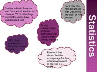 Dissociation becomes a coping mechanism for the individual when faced with further stressful situationsIt has been theorized that severe sexual, physical, or psychological trauma in childhood predisposes an individual to the development of DID. The steps in the development of a dissociative identity are theorized to be as follows:Developmental Theory
