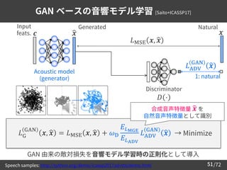 /72
GAN ベースの音響モデル学習 [Saito+ICASSP17]
51
𝐿G
GAN
𝒙, ෝ
𝒙 = 𝐿MSE 𝒙, ෝ
𝒙 + 𝜔D
𝐸𝐿MGE
𝐸𝐿ADV
𝐿ADV
GAN
ෝ
𝒙 → Minimize
Discriminator...