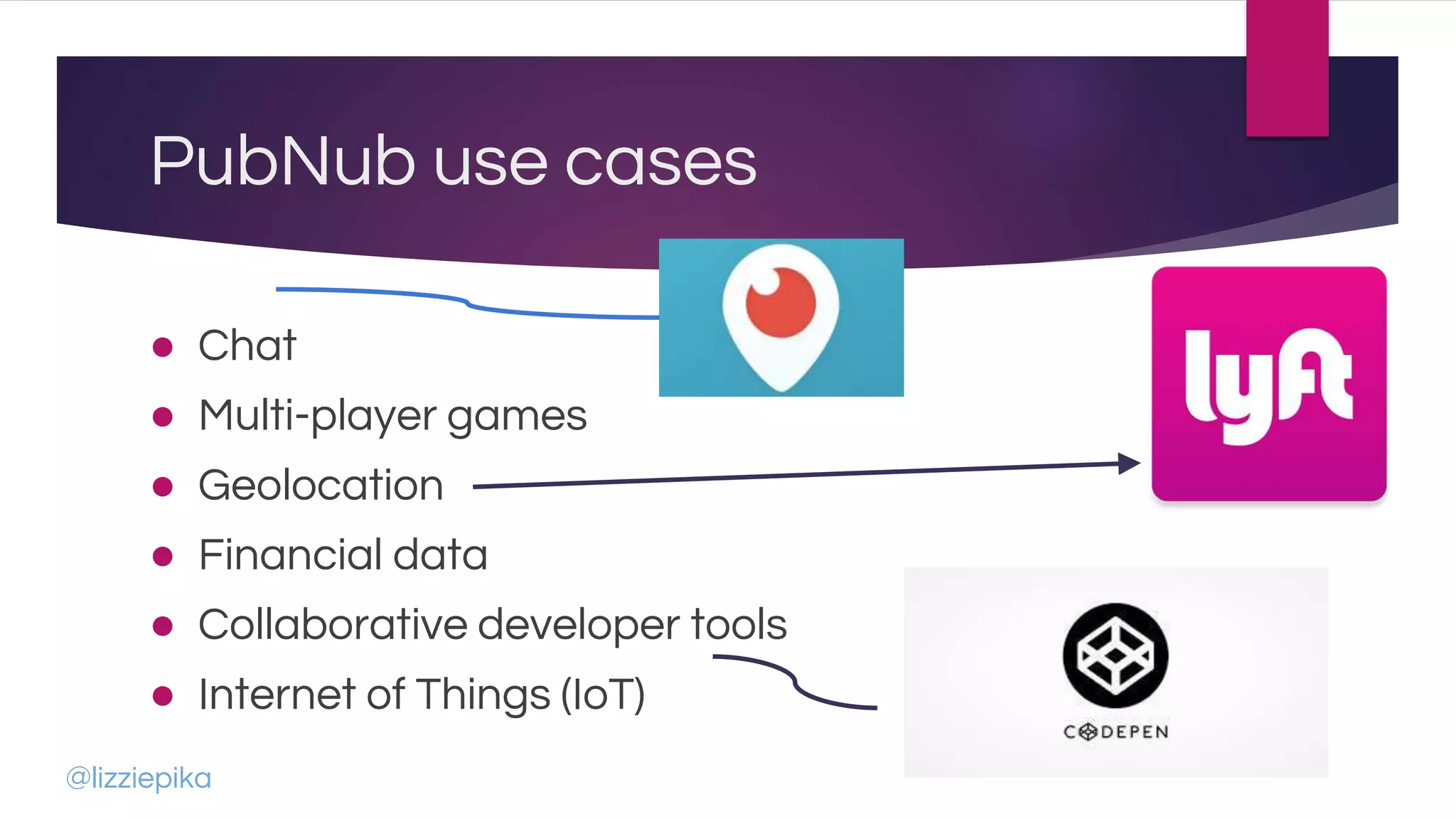 PubNub use cases
● Chat
● Multi-player games
● Geolocation
● Financial data
● Collaborative developer tools
● Internet of Things (IoT)
@lizziepika
 