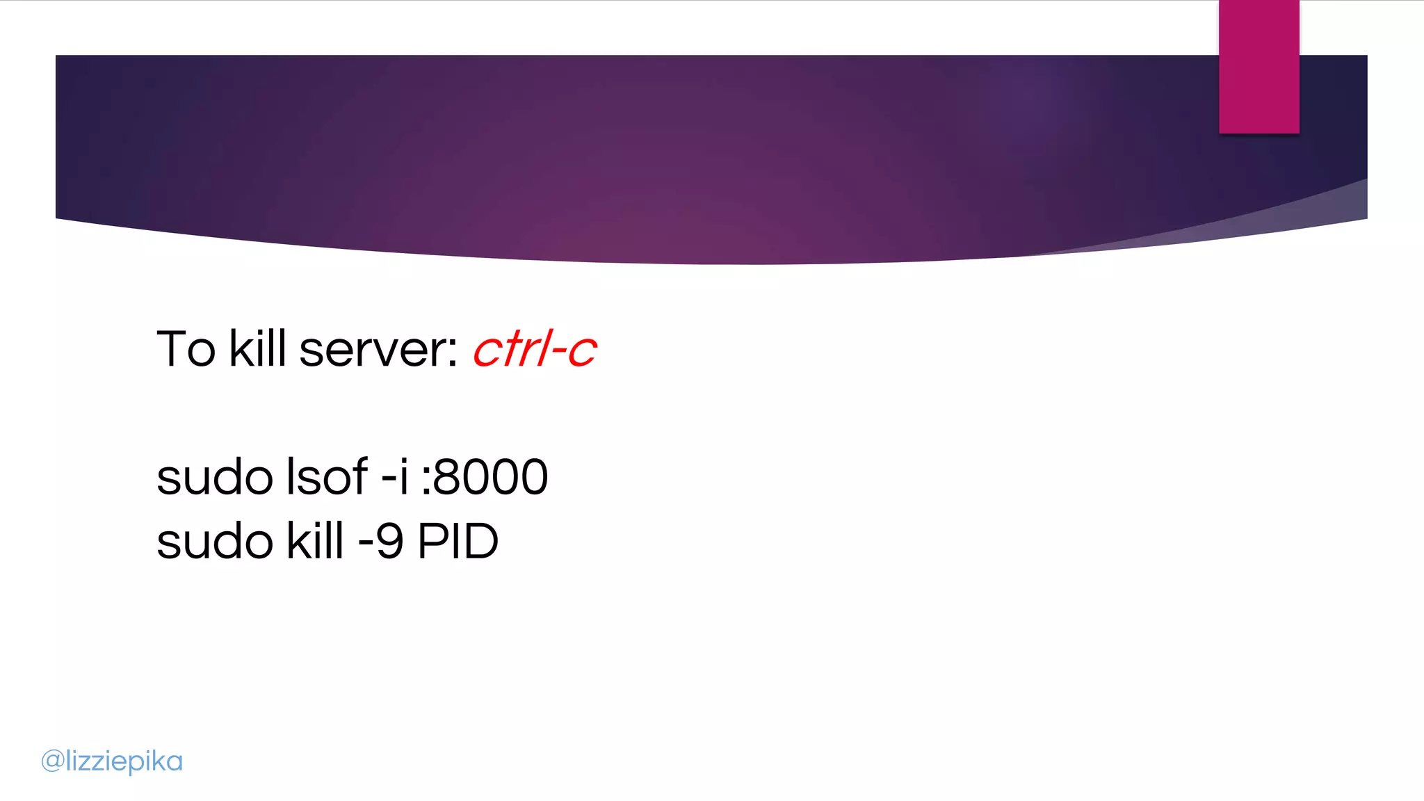 To kill server: ctrl-c
sudo lsof -i :8000
sudo kill -9 PID
@lizziepika
 