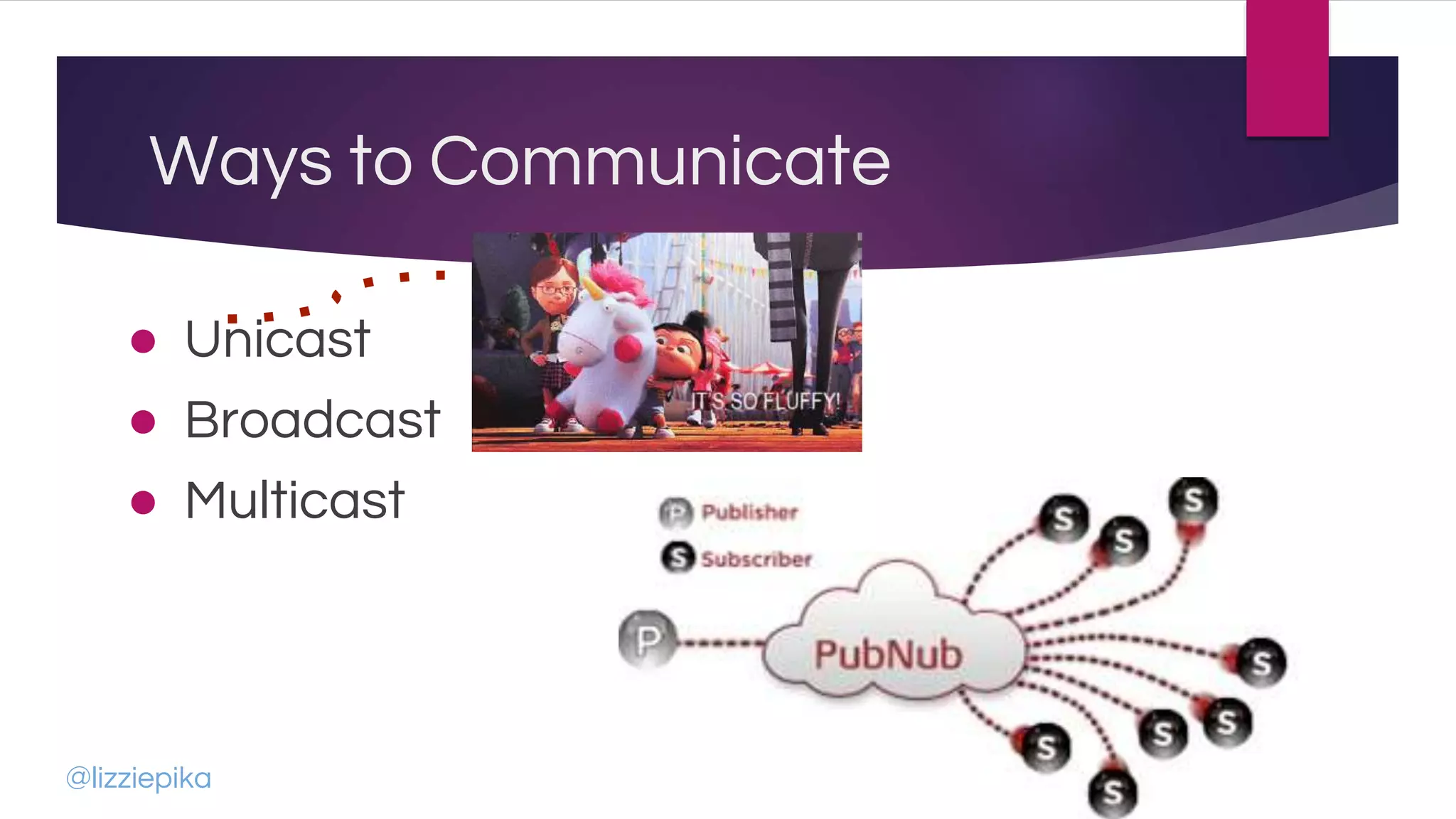 Ways to Communicate
● Unicast
● Broadcast
● Multicast
@lizziepika
 