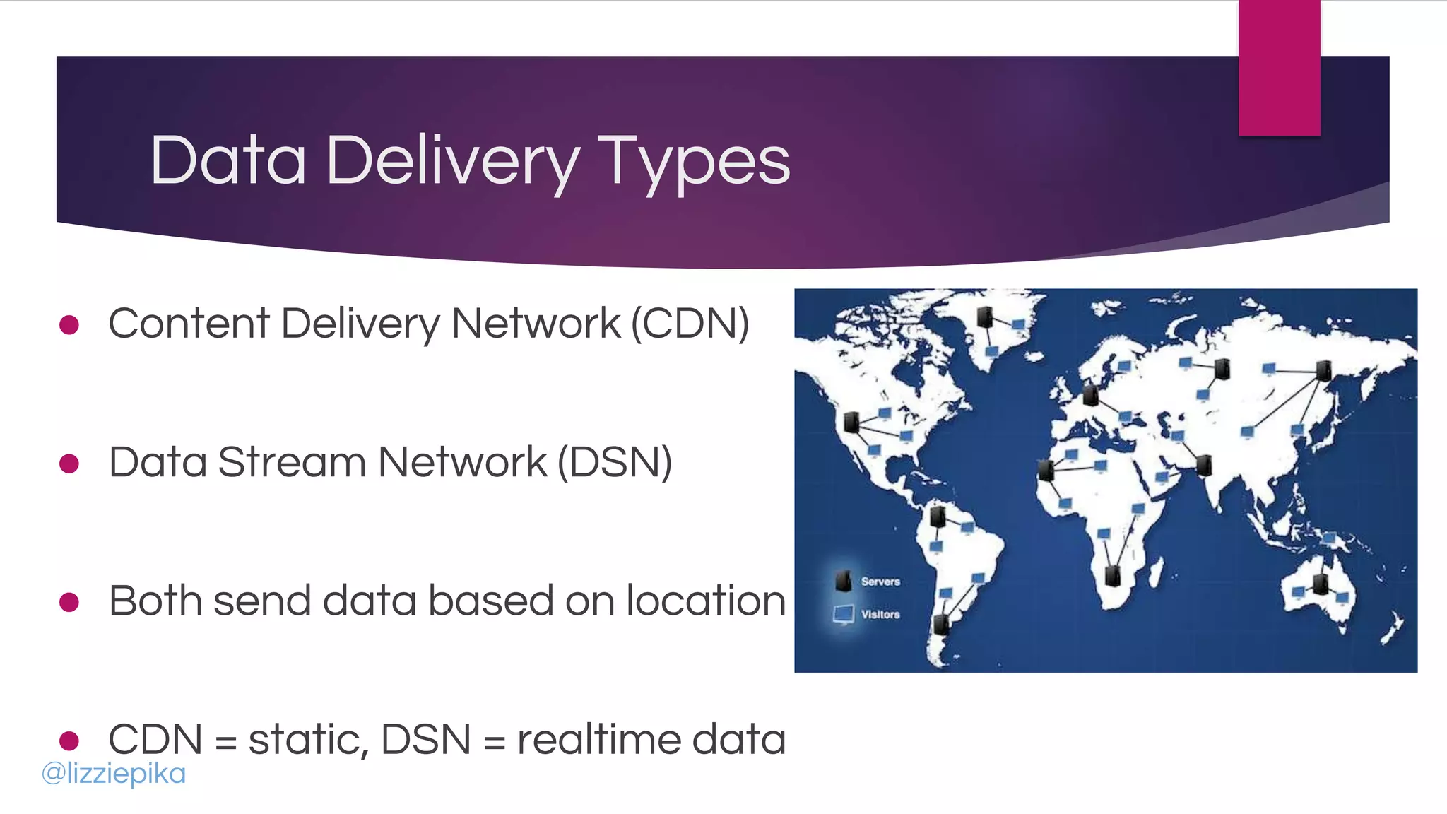 Data Delivery Types
● Content Delivery Network (CDN)
● Data Stream Network (DSN)
● Both send data based on location
● CDN = static, DSN = realtime data
@lizziepika
 
