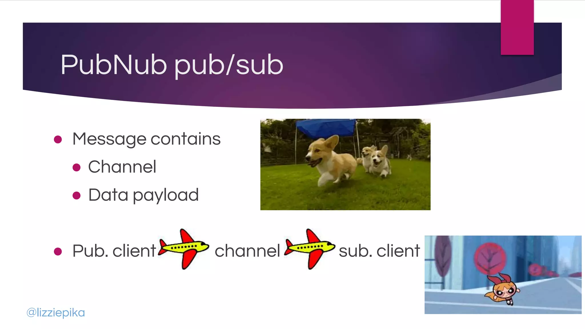 PubNub pub/sub
● Message contains
● Channel
● Data payload
● Pub. client channel sub. client
@lizziepika
 