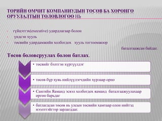 ТӨРИЙН ӨМЧИТ КОМПАНИУДЫН ТӨСӨВ БА ХӨРӨНГӨ 
ОРУУЛАЛТЫН ТӨЛӨВЛӨГӨӨ НЬ 
• гүйцэтгэх(executive) удирдлагаар болон 
• үндсэн хууль 
• төсвийн удирдамжийн холбогдох хууль тогтоомжоор 
баталгаажсан байдаг. 
Төсөв боловсруулах болон батлах. 
• төсвийг бэлтгэн хүргүүлдэг 
• төсөв бүр хувь нийлүүлэгчдийн хурлаар орно 
• Сангийн Яаманд эсвэл холбогдох яаманд баталгаажуулахаар 
өргөн барьдаг 
• батлагдсан төсөв нь улсын төсвийн хамтаар олон нийтэд 
нээлттэйгээр зарлагддаг. 
 