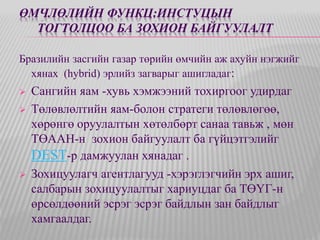 ӨМЧЛӨЛИЙН ФУНКЦ:ИНСТУЦЫН 
ТОГТОЛЦОО БА ЗОХИОН БАЙГУУЛАЛТ 
Бразилийн засгийн газар төрийн өмчийн аж ахуйн нэгжийг 
хянах (hybrid) эрлийз загварыг ашигладаг: 
 Сангийн яам -хувь хэмжээний тохиргоог удирдаг 
 Төлөвлөлтийн яам-болон стратеги төлөвлөгөө, 
хөрөнгө оруулалтын хөтөлбөрт санаа тавьж , мөн 
ТӨААН-н зохион байгуулалт ба гүйцэтгэлийг 
DEST-р дамжуулан хянадаг . 
 Зохицуулагч агентлагууд -хэрэглэгчийн эрх ашиг, 
салбарын зохицуулалтыг хариуцдаг ба ТӨҮГ-н 
өрсөлдөөний эсрэг эсрэг байдлын зан байдлыг 
хамгаалдаг. 
 