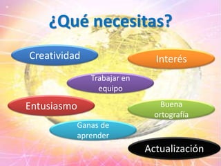 ¿Qué necesitas?CreatividadInterésTrabajar en equipoEntusiasmoBuena ortografíaGanas de aprenderActualización