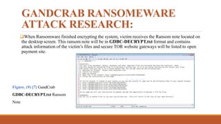 GANDCRAB RANSOMEWARE
ATTACK RESEARCH:
When Ransomware finished encrypting the system, victim receives the Ransom note located on
the desktop screen. This ransom note will be in GDBC-DECRYPT.txt format and contains
attack information of the victim’s files and secure TOR website gateways will be listed to open
payment site.
Figure. (9) [7] GandCrab
GDBC-DECRYPT.txt Ransom
Note
 