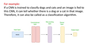 For example:
If a CNN is trained to classify dogs and cats and an image is fed to
this CNN, it can tell whether there is a dog or a cat in that image.
Therefore, it can also be called as a classification algorithm.
 