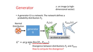 Generator
• A generator G is a network. The network defines a
probability distribution 𝑃𝐺
generator
G
𝑧 𝑥 = 𝐺 𝑧
Normal
Distribution
𝑃𝐺(‫)ݔ‬ 𝑃𝑑𝑎𝑡𝑎 𝑥
as close as possible
How to compute the divergence?
𝐺∗ = 𝑎𝑟𝑔 min
𝐺
𝐷𝑖𝑣 𝑃𝐺, 𝑃𝑑𝑎𝑡𝑎
Divergence between distributions 𝑃𝐺 and 𝑃𝑑𝑎𝑡𝑎
𝑥: an image (a high-
dimensional vector)
 