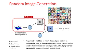 Random Image Generation
• The generative model can be thought of as analogous to a team of
counterfeiters, trying to produce fake currency and use it without detection,
while the discriminative model is analogous to the police, trying to detect
the counterfeit currency. (From GAN paper NIPS2014)
G: Generator
D: Discriminator
z: random vector
x: real data
z
x
G
D Real or Fake?
Gaussian noise
as an input for G
Test phase
 