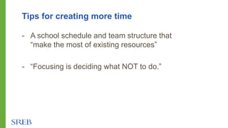 Tips for creating more time
- A school schedule and team structure that
“make the most of existing resources”
- “Focusing is deciding what NOT to do.”
 