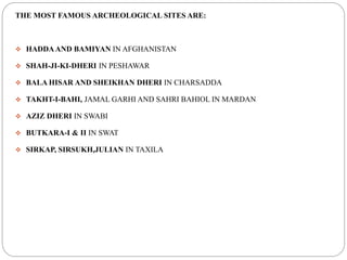 THE MOST FAMOUS ARCHEOLOGICAL SITES ARE:
 HADDAAND BAMIYAN IN AFGHANISTAN
 SHAH-JI-KI-DHERI IN PESHAWAR
 BALA HISAR AND SHEIKHAN DHERI IN CHARSADDA
 TAKHT-I-BAHI, JAMAL GARHI AND SAHRI BAHIOL IN MARDAN
 AZIZ DHERI IN SWABI
 BUTKARA-I & II IN SWAT
 SIRKAP, SIRSUKH,JULIAN IN TAXILA
 