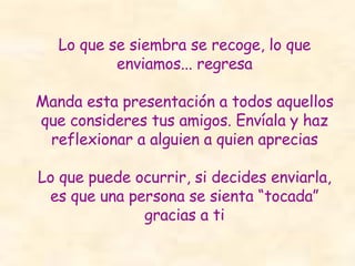 Lo que se siembra se recoge, lo que enviamos... regresa Manda esta presentación a todos aquellos que consideres tus amigos. Envíala y  haz reflexionar  a alguien a quien aprecias Lo que puede ocurrir, si decides enviarl a , es que una persona se sienta “tocad a ” gracias a ti 