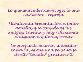 Lo que se siembra se recoge, lo que
enviamos... regresa
Manda esta presentación a todos
aquellos que consideres tus
amigos. Envíala y haz reflexionar
a alguien a quien aprecias
Lo que puede ocurrir, si decides
enviarla, es que una persona se
sienta “tocada” gracias a ti
 