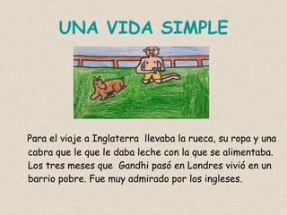 UNA VIDA SIMPLE Para el viaje a Inglaterra  llevaba la rueca, su ropa y una cabra que le que le daba leche con la que se alimentaba. Los tres meses que  Gandhi pasó en Londres vivió en un barrio pobre. Fue muy admirado por los ingleses. 