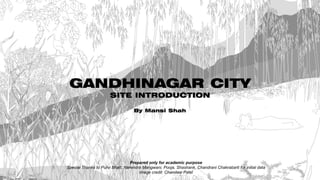 GANDHINAGAR CITY
SITE INTRODUCTION
By Mansi Shah
Prepared only for academic purpose
Special Thanks to Purvi Bhatt, Narendra Mangwani, Pooja, Shashank, Chandrani Chakrabarti for initial data
Image credit: Chandani Patel
 