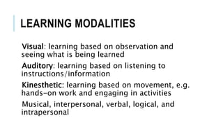 LEARNING MODALITIES 
Visual: learning based on observation and 
seeing what is being learned 
Auditory: learning based on listening to 
instructions/information 
Kinesthetic: learning based on movement, e.g. 
hands-on work and engaging in activities 
Musical, interpersonal, verbal, logical, and 
intrapersonal 
 