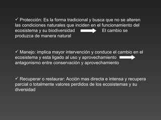 Protección: Es la forma tradicional y busca que no se alteren las condiciones naturales que inciden en el funcionamiento del ecosistema y su biodiversidad  El cambio se produzca de manera natural Manejo: implica mayor intervención y conduce el cambio en el ecosistema y esta ligado al uso y aprovechamiento  antagonismo entre conservación y aprovechamiento Recuperar o restaurar: Acción mas directa e intensa y recupera parcial o totalmente valores perdidos de los ecosistemas y su diversidad 