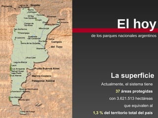 El hoy de los parques nacionales argentinos Actualmente, el sistema tiene  37  áreas protegidas   con 3.621.513 hectáreas  que equivalen al  1,3 %  del territorio total del país . La superficie Pizzarro  Nogalar   Campos del  Tuyu   Punta Buenos Aires   Marino Costero  Patagonia   Austral 