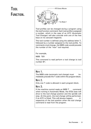 TOOL                      4       3
                                      ATC CAROUSEL MAGAZINE



FUNCTION.         5                      2


              6
                                              TOOL NUMBER 1
                      7       8


            Tool profiles can be changed during a program using
            the tool function command. Each tool profile is assigned
            a number, which in the case of an ATC (Automatic
            Tool Changer) will also coincide with one of the free
            bays on its carousel magazine.
            The tool number is defined using the address letter T,
            followed by a number assigned to the tool profile. To
            command a tool change, the MØ6 code would precede
            the number of the "new" tool required.


            For example,
            MØ6 TØ1
            This command is read perform a tool change to tool
            number Ø1.




            NOTE 1.
            The MØ6 code (automatic tool change) must          im-
            mediately precede the T code within the program block.

            NOTE 2.
            Only one T code is allowed in each program block.

            NOTE 3.
            If the machine control reads an MØ6 T _ _ command
            when running in Automatic Mode, the three axes will
            drive to the tool change position and the spindle will
            stop. At this point, the tool change will be performed,
            if an ATC is fitted. This will always happen,        ir-
            respective of the tool position when the tool change
            command is read from the program.




                                                              BASIC PROGRAMMING - 23
 