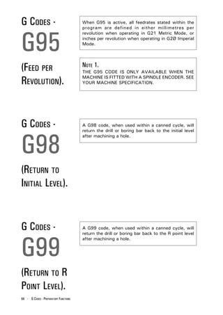 G CODES -                              When G95 is active, all feedrates stated within the
                                       program are defined in either millimetres per



G95
                                       revolution when operating in G21 Metric Mode, or
                                       inches per revolution when operating in G2Ø Imperial
                                       Mode.




(FEED PER                              NOTE 1.
                                       THE G95 CODE IS ONLY AVAILABLE WHEN THE

REVOLUTION).                           MACHINE IS FITTED WITH A SPINDLE ENCODER. SEE
                                       YOUR MACHINE SPECIFICATION.




G CODES -                              A G98 code, when used within a canned cycle, will




G98
                                       return the drill or boring bar back to the initial level
                                       after machining a hole.




(RETURN TO
INITIAL LEVEL).


G CODES -                              A G99 code, when used within a canned cycle, will




G99
                                       return the drill or boring bar back to the R point level
                                       after machining a hole.




(RETURN TO R
POINT LEVEL).
68 - G CODES - PREPARATORY FUNCTIONS
 