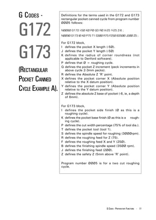 G CODES -           Definitions for the terms used in the G172 and G173
                    rectangular pocket canned cycle from program number



G172
                    ØØØ5 follows:

                    NØØ8Ø G172 I-5Ø KØ PØ Q3 RØ X-25 Y-25 Z-6 ;

                    NØØ9Ø G173 IØ KØ P75 T1 S3ØØ R75 F25Ø B35ØØ J2ØØ Z5 ;




G173
                    For G172 block,
                    I defines the pocket X length (-5Ø).
                    J defines the pocket Y length (-5Ø)
                    K defines the radius of corner roundness (not
                      applicable to Denford software).
                    P defines that Ø = roughing cycle.

(RECTANGULAR
                    Q defines the pocket Z increment (peck increments in
                      above cycle 2-3mm pecks).
                    R defines the Absolute Z 'R' point.
POCKET CANNED       X defines the pocket corner X (Absolute position
                      relative to the X datum position).

CYCLE EXAMPLE A).   Y defines the pocket corner Y (Absolute position
                      relative to the Y datum position).
                    Z defines the absolute Z base of pocket (-6, ie, a depth
                      of 6mm).

                    For G173 block,
                    I defines the pocket side finish (Ø as this is a
                      roughing cycle).
                    K defines the pocket base finish (Ø as this is a rough-
                      ing cycle).
                    P defines the cut width percentage (75% of tool dia.).
                    T defines the pocket tool (tool 1).
                    S defines the spindle speed for roughing (3ØØØrpm).
                    R defines the roughing feed for Z (75).
                    F defines the roughing feed X and Y (25Ø).
                    B defines the finishing spindle speed (35ØØ rpm).
                    J defines the finishing feed (2ØØ).
                    Z defines the safety Z (5mm above 'R' point).

                    Program number ØØØ5 is for a two cut roughing
                    cycle.




                                                    G CODES - PREPARATORY FUNCTIONS - 77
 