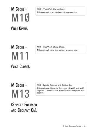 M CODES -       M1Ø - Vice/Work Clamp Open.




M1Ø
                This code will open the jaws of a power vice.




(VICE OPEN).


M CODES -       M11 - Vice/Work Clamp Close.




M11
                This code will close the jaws of a power vice.




(VICE CLOSE).


M CODES -       M13 - Spindle Forward and Coolant On.




M13
                This code combines the functions of MØ3 and MØ8
                together. The MØ5 code will stop both the spindle and
                coolant.




(SPINDLE FORWARD
AND COOLANT ON).



                                             M CODES - MISCELLANEOUS FUNCTIONS - 89
 