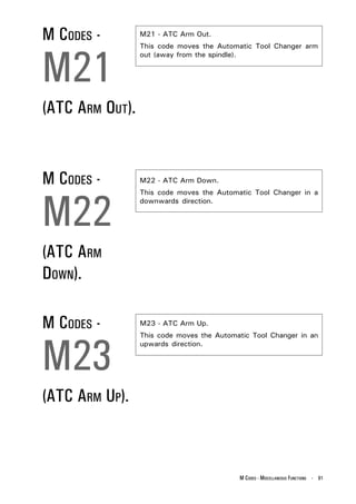 M CODES -        M21 - ATC Arm Out.




M21
                 This code moves the Automatic Tool Changer arm
                 out (away from the spindle).




(ATC ARM OUT).


M CODES -        M22 - ATC Arm Down.




M22
                 This code moves the Automatic Tool Changer in a
                 downwards direction.




(ATC ARM
DOWN).

M CODES -        M23 - ATC Arm Up.




M23
                 This code moves the Automatic Tool Changer in an
                 upwards direction.




(ATC ARM UP).



                                           M CODES - MISCELLANEOUS FUNCTIONS - 91
 