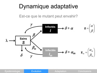 Dynamique adaptativeEst-ce que le mutant peut envahir?gInfectésI + SainsSmInfectésIm + mgEpidémiologieEvolutionAdaptationConclusions