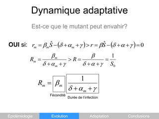 Dynamique adaptativeEst-ce que le mutant peut envahir?OUI si:FéconditéDurée de l’infection	EpidémiologieEvolutionAdaptationConclusions