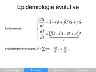 Epidémiologie évolutiveEpidémiologie:Evolution des phénotypes,                   :Equation de PricesélectionEpidémiologieEvolutionAdaptationConclusions