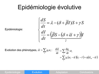 Epidémiologie évolutiveEpidémiologie:Evolution des phénotypes,                   :Equation de PricesélectionEpidémiologieEvolutionAdaptationConclusions