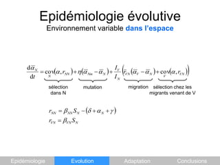 Epidémiologie évolutiveEnvironnement variable dans l’espacemigrationsélection chez lesmigrants venant de Vsélection dans NmutationEpidémiologieEvolutionAdaptationConclusions