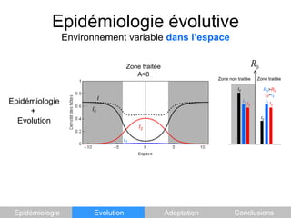 Epidémiologie évolutiveEnvironnement variable dans l’espaceZone traitéeA=8Zone traitéeZone non traitéeI0R0>R0r0>r0IEpidémiologie          +    EvolutionI1I1I2I2I0I0I2I1EpidémiologieEvolutionAdaptationConclusions
