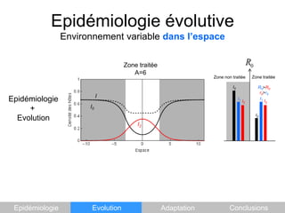 Epidémiologie évolutiveEnvironnement variable dans l’espaceZone traitéeA=6Zone traitéeZone non traitéeI0R0>R0r0>r0IEpidémiologie          +    EvolutionI1I1I2I2I0I0I2EpidémiologieEvolutionAdaptationConclusions