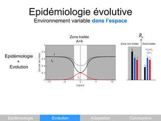Epidémiologie évolutiveEnvironnement variable dans l’espaceZone traitéeA=4Zone traitéeZone non traitéeI0R0>R0r0>r0IIEpidémiologie          +    EvolutionI1I1I2I2I0I0I2EpidémiologieEvolutionAdaptationConclusions