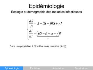 EpidémiologieEcologie et démographie des maladies infectieusesDans une population à l’équilibre sans parasites (S=S0):EpidémiologieEvolutionAdaptationConclusions
