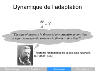 Dynamique de l’adaptation?“The rate of increase in fitness of any organism at any time is equal to its genetic variance in fitness at that time.”Théorème fondamental de la sélection naturelle.R. Fisher (1930)EpidémiologieEvolutionAdaptationConclusions
