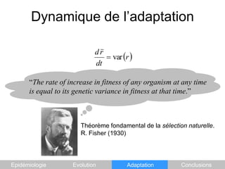 Dynamique de l’adaptation“The rate of increase in fitness of any organism at any time is equal to its genetic variance in fitness at that time.”Théorème fondamental de la sélection naturelle.R. Fisher (1930)EpidémiologieEvolutionAdaptationConclusions