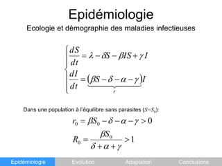 EpidémiologieEcologie et démographie des maladies infectieusesDans une population à l’équilibre sans parasites (S=S0):EpidémiologieEvolutionAdaptationConclusions