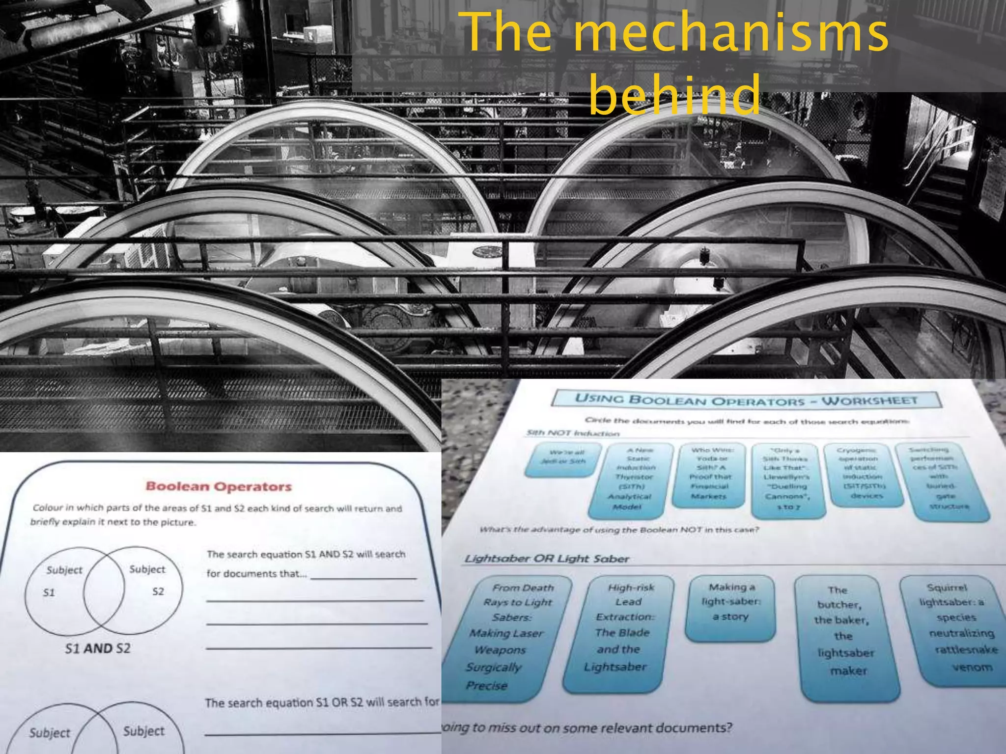 The mechanisms behind
In blue you can see actual results that can be found in a database. Above them is a search
equation. Which results will you find if you use this equation?
Great to check both on Boolean operators AND the importance of choosing good keywords.
 