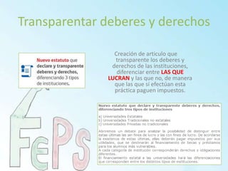 Transparentar deberes y derechosCreación de articulo que transparente los deberes y derechos de las instituciones, diferenciar entre LAS QUE LUCRAN y las que no, de manera que las que sí efectúan esta práctica paguen impuestos.