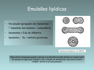 Emulsões lipídicas


•   floculação/agregação dos lipossomas =
    ↑ tamanhos dos mesmos = coalescência

•   lipossomas ± 0,6μ de diâmetro

•   lipossoma > 5μ = embolia gordurosa.




                                                               Pharmaceutical Research, v.23, 1959-69



     Esse efeito é atenuado quando a glicose e os eletrólitos estão diluídos no volume total
      da solução em água para injeção e com a solução de aminoácidos, que exerce efeito
                             “tampão” devido ao pH que possuem.
 