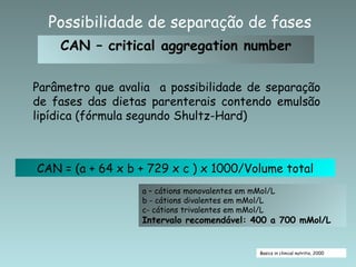 Possibilidade de separação de fases
    CAN – critical aggregation number

Parâmetro que avalia a possibilidade de separação
de fases das dietas parenterais contendo emulsão
lipídica (fórmula segundo Shultz-Hard)



CAN = (a + 64 x b + 729 x c ) x 1000/Volume total
                  a – cátions monovalentes em mMol/L
                  b - cátions divalentes em mMol/L
                  c- cátions trivalentes em mMol/L
                  Intervalo recomendável: 400 a 700 mMol/L


                                                Basics in clinical nutritio, 2000
 