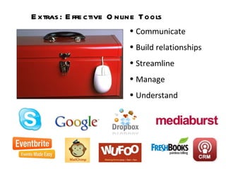 Extras: Effective Online Tools   Communicate  Build relationships Streamline  Manage  Understand  