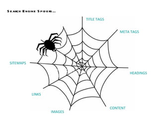 Search Engine Spiders… CONTENT META TAGS HEADINGS IMAGES LINKS SITEMAPS TITLE TAGS 
